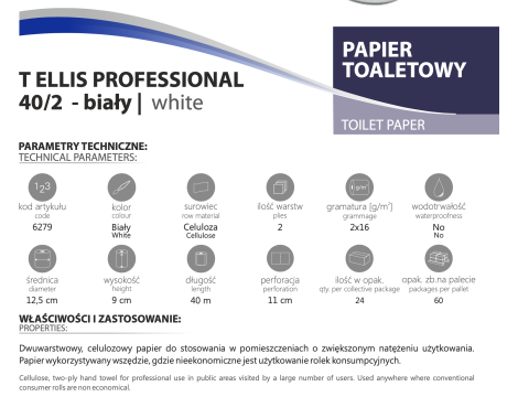 Papier toaletowy T ELLIS PROFESSIONAL 40/2 - 100% celuloza - 2